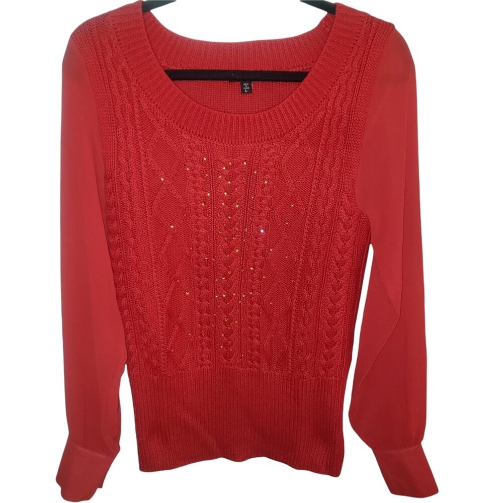 XOXO Brand Sheer Button cuff Knit Sweater, Red, Sz L